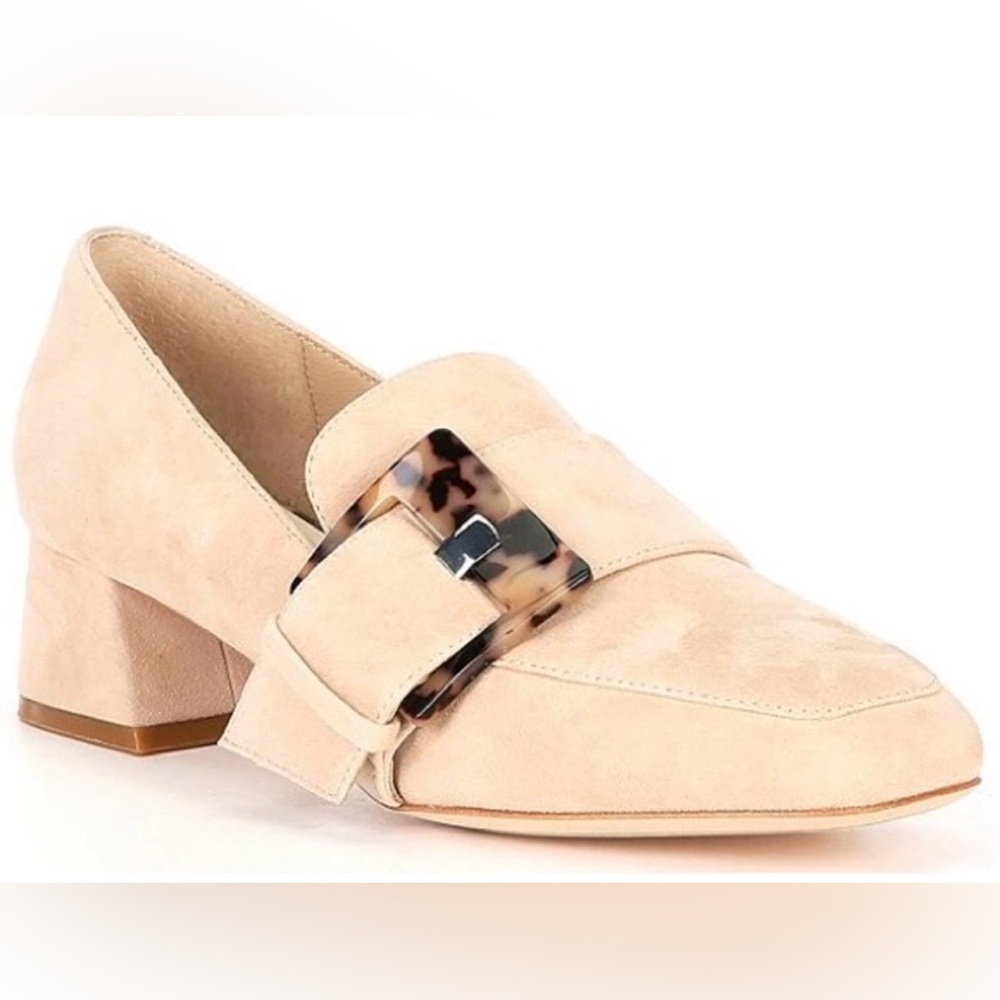Deltan Veronica Suede Beige Women's Heeled Loafers with Patterned Buckle Size 8